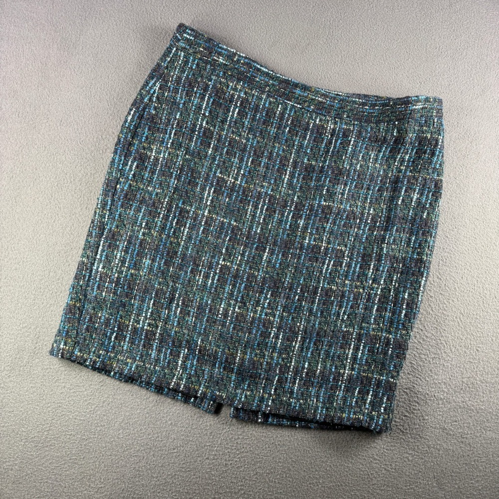 J.Jill Tweed Skirt Women 16‎ Petite Blue Green Wool Blend Pencil Office Party - Picture 2 of 9